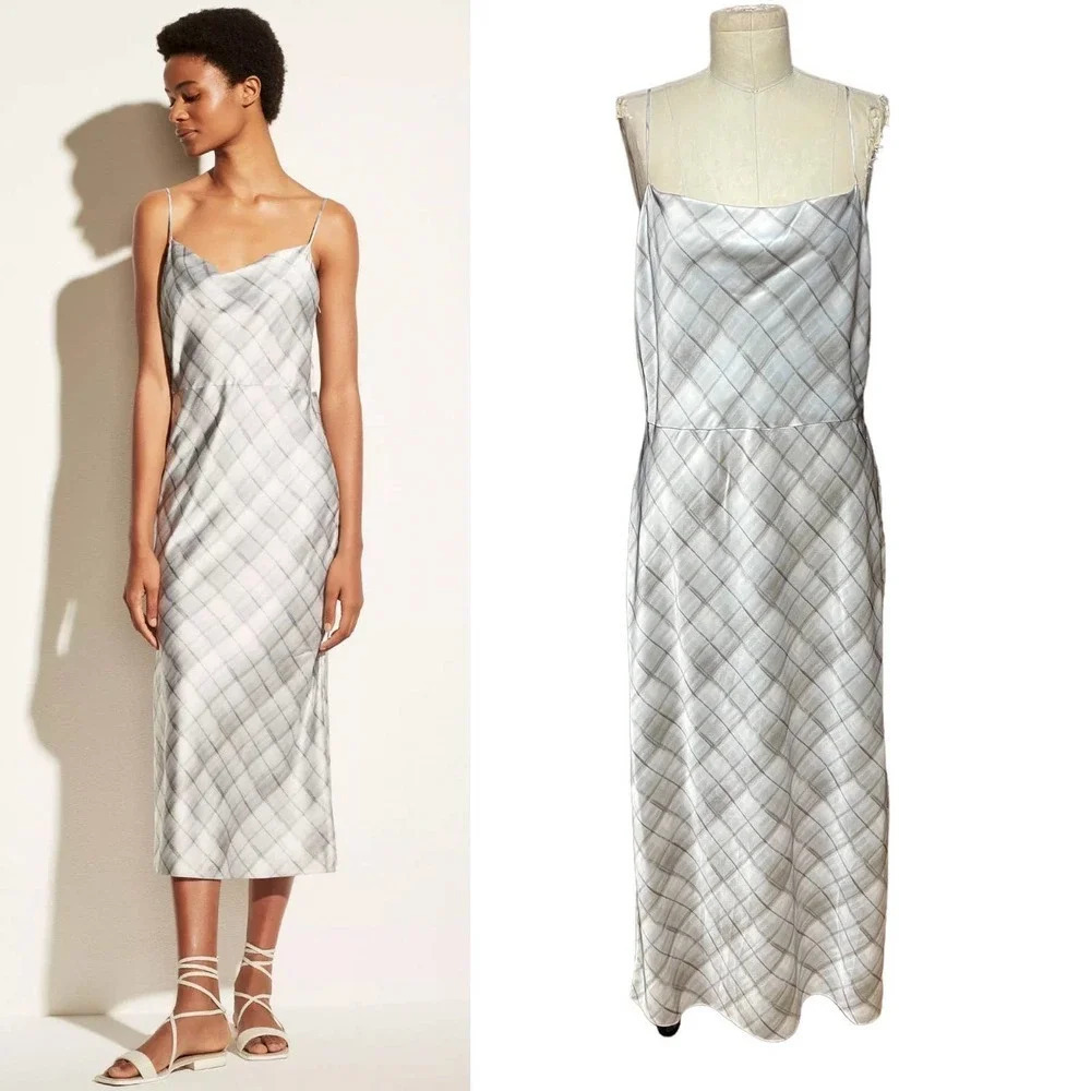 Vince Hazy Sleeveless‎ Dress Powder Blue Gray Plaid Cowl Neck Slip Size 8
